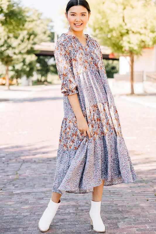 Midi Dresses for anniversary family gatherings-Keep Coming Back Blue Mixed Print Midi Dress