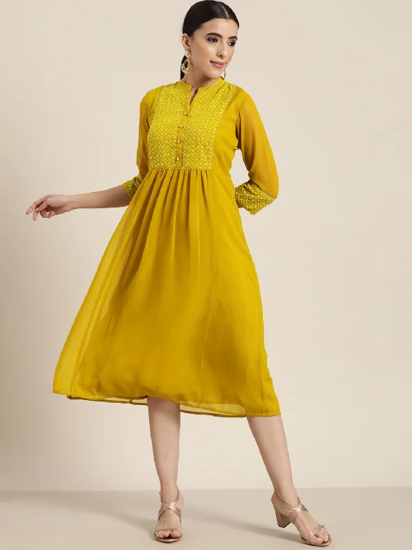 Midi Dresses for winter family gatherings-Juniper Mustard Georgette Lacy Midi Dress With Yoke Embroidery & Show Buttons