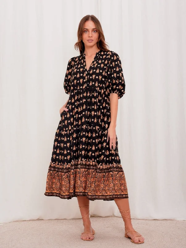 Midi Dresses for trendy family events-Aurelia Black Orange Boho Midi Dress