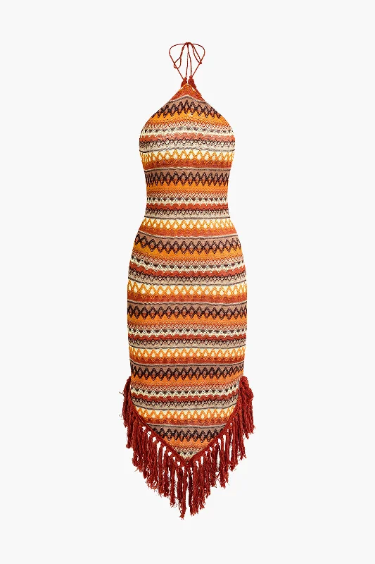 Midi Dresses for spring get-togethers-Fringe and Colorful Pattern Bohemian Halter Midi Dress