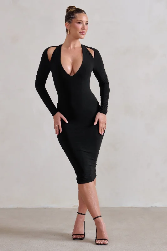 Midi Dresses for Thanksgiving dinners-Get Serious | Black Cut Out Detail Backless Midi Dress