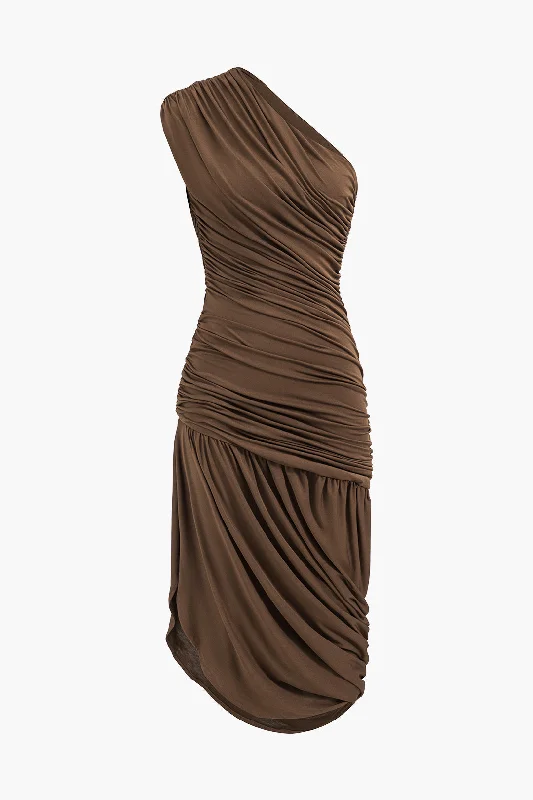 Midi Dresses for fall dinner parties-Asymmetrical Sleeveless Ruched Midi Dress