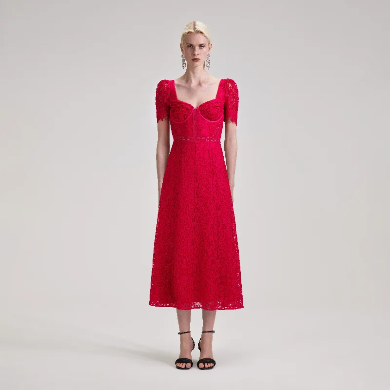 Midi Dresses for fashionable vacation wear-Red Lace Classic Midi Dress