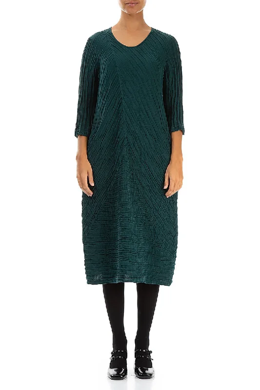 Midi Dresses for cocktail parties-Crinkled Emerald Silk Linen Midi Dress