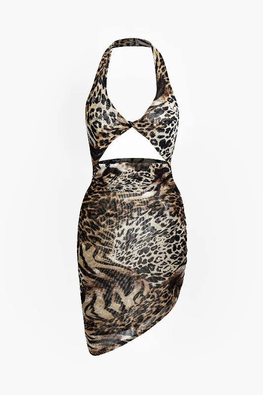 Midi Dresses for bachelorette parties-Leopard Print Twist Halter Backless Midi Dress