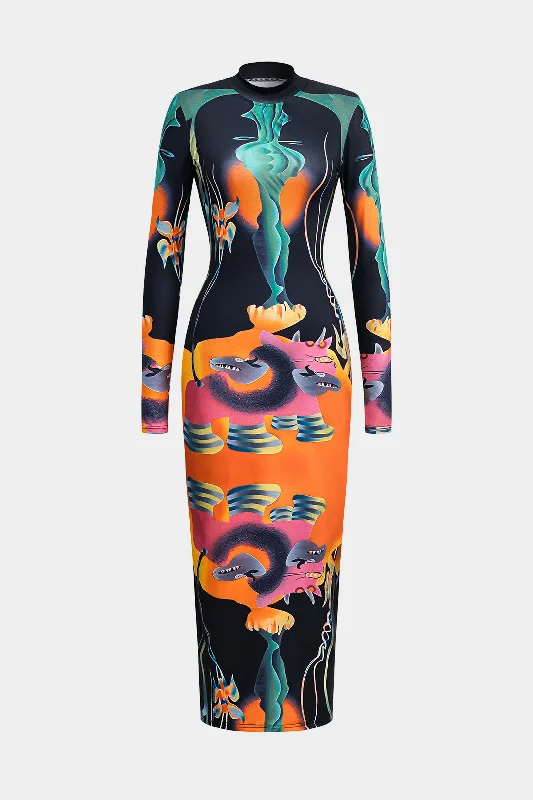 Midi Dresses for cozy date nights-Abstract Print Long Sleeve Bodycon Midi Dress