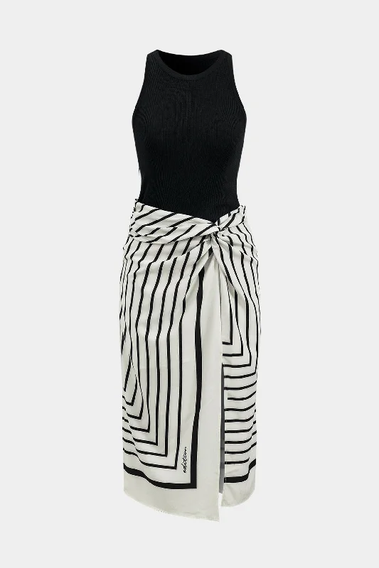 Midi Dresses for fall family get-togethers-Stripes Print Patchwork Sleeveless Midi Dress