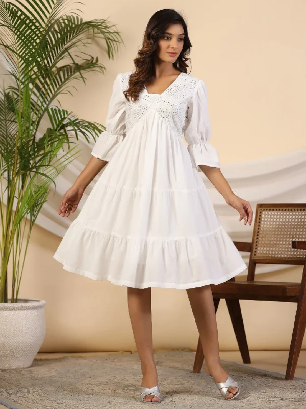 Midi Dresses for elegant fall celebrations-Juniper White Pure Cotton Alia Cut Mirror Work Tiered Midi Dress With Lining