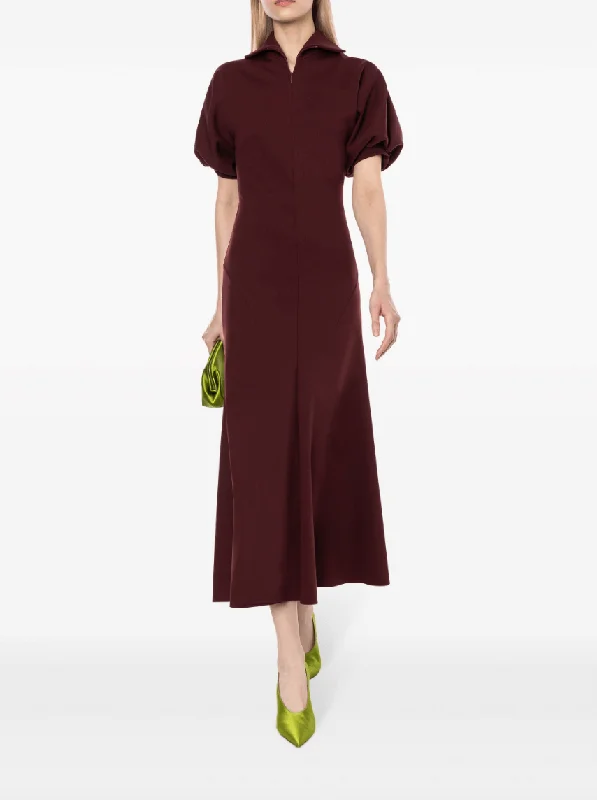 Midi Dresses for warm weather-puff-sleeve midi dress in burgundy