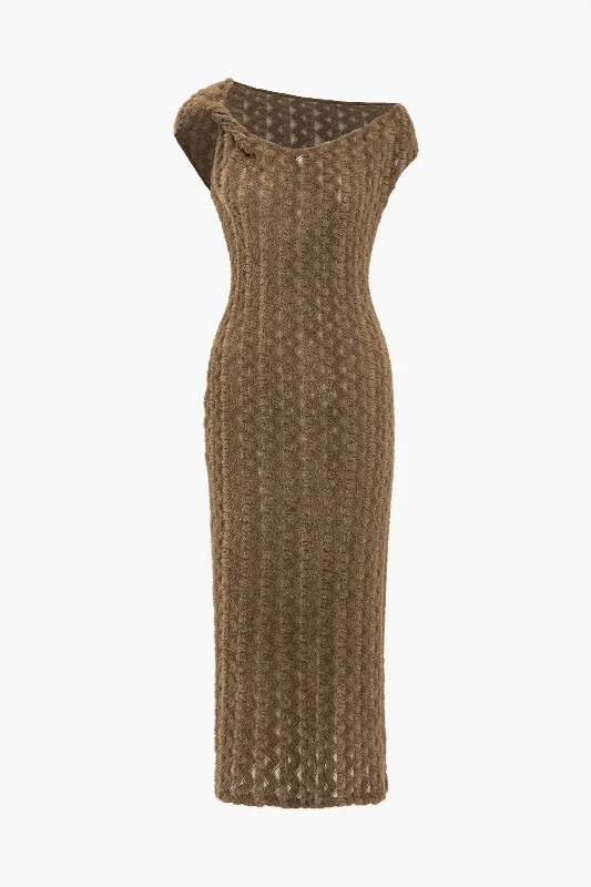 Midi Dresses for beach dinner parties-Solid Textured Asymmetrical Twist Knot Midi Dress