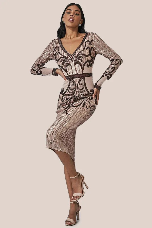 Midi Dresses for classy brunches-Goddiva Sequin & Mesh Embroidered Midi - Champagne