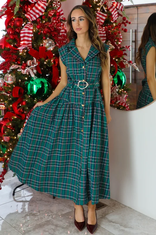 Midi Dresses for fall fashion looks-Mrs. Claus Midi Dress: Green/Plaid