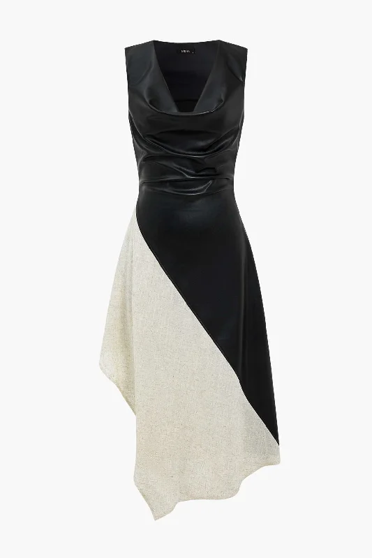 Midi Dresses for vacation dinners-Color Block Draped Cowl Neck Asymmetrical Midi Dress