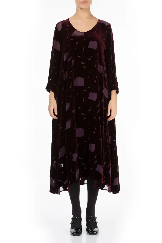 Midi Dresses for work wear-Flowy Abstract Devoré Wine Silk Velvet Midi Dress