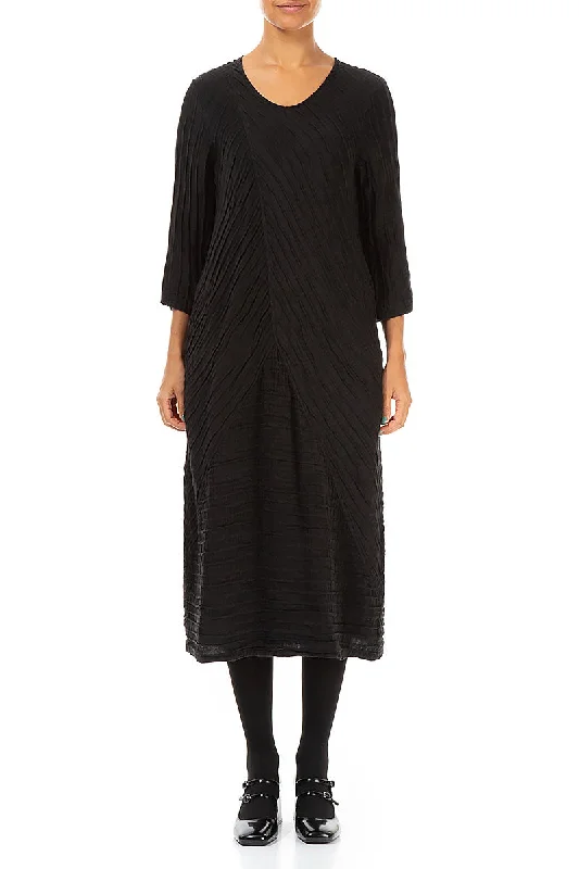 Midi Dresses for weekend getaways-Crinkled Black Silk Linen Midi Dress