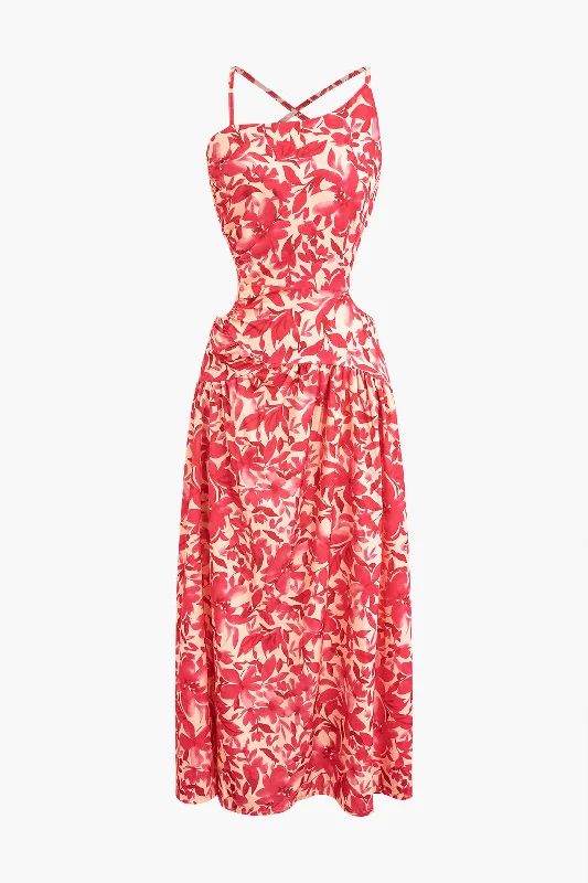 Midi Dresses for family holiday dinners-Floral Print Criss Cross Backless Slit Midi Dress