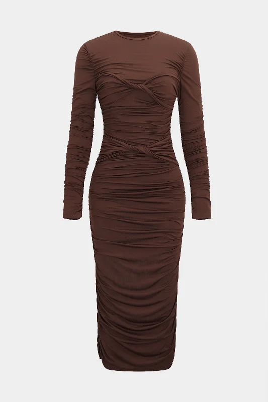 Midi Dresses for family celebrations-Ruched Round Neck Long-Sleeve Midi Dress