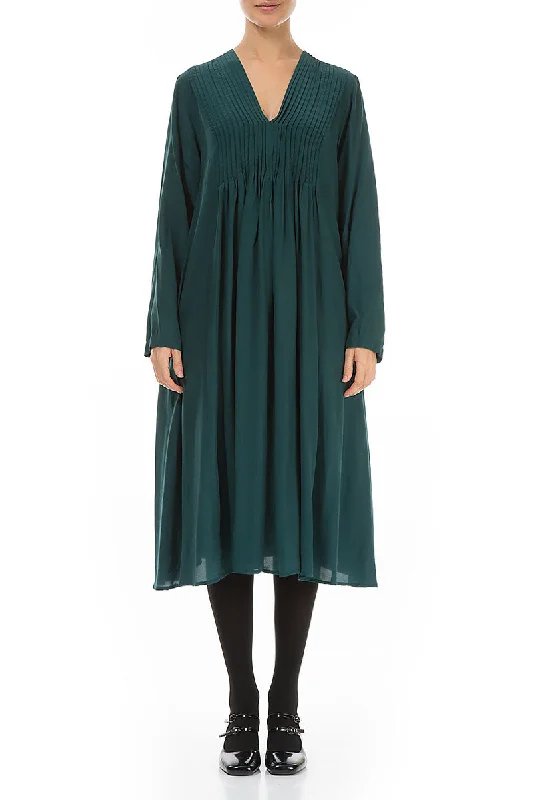 Midi Dresses for stylish fall gatherings-Romantic Emerald Silk Bamboo Midi Dress