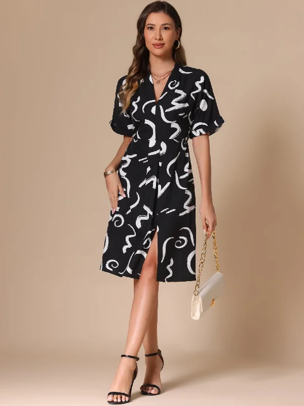 Midi Dresses for birthday party fashion-Short Sleeve V Neck High Waist Graphic Midi Slit Dress