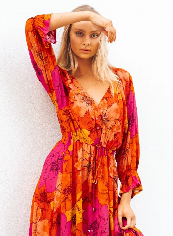 Midi Dresses for stylish birthday dinners-Soleil Vibrant Orange Pink Long Sleeve Ruffle Midi Dress