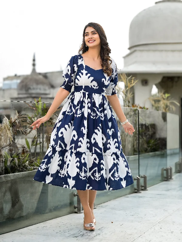 Midi Dresses for romantic spring evenings-Blue and White Magic Tiered Midi Dress