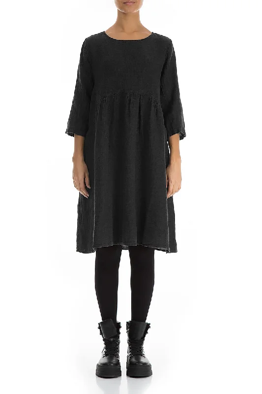 Midi Dresses for fall fashion-Flared Black Mélange Linen Midi Dress