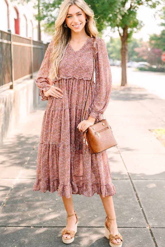 Midi Dresses for evening dinner parties-Out In The World Rust Red Ditsy Floral Midi Dress