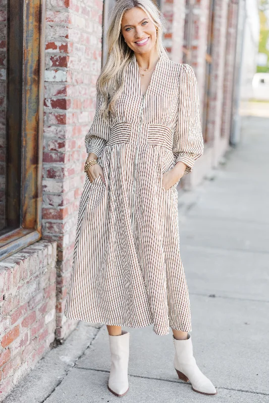 Midi Dresses for wedding receptions in summer-How You Love Brown Striped Midi Dress