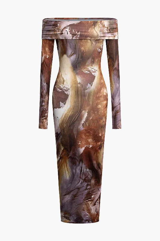 Midi Dresses for night parties-Tie Dye Long Sleeve Off Shoulder Midi Dress