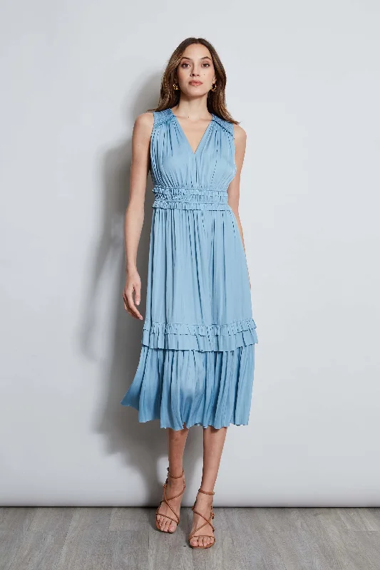 Midi Dresses for family gatherings-T-Tahari Smocked Sleeveless Midi Dress