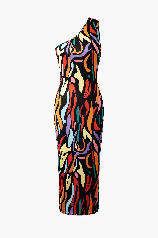 Midi Dresses for family parties-Abstract Print One Shoulder Cut Out Midi Dress