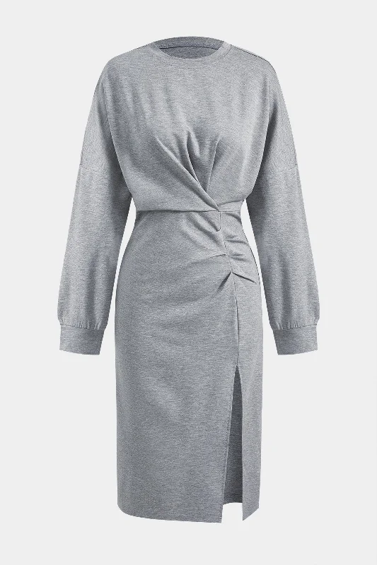 Midi Dresses for beachside weddings-Ruched Slit Round Neck Long Sleeve Midi Dress