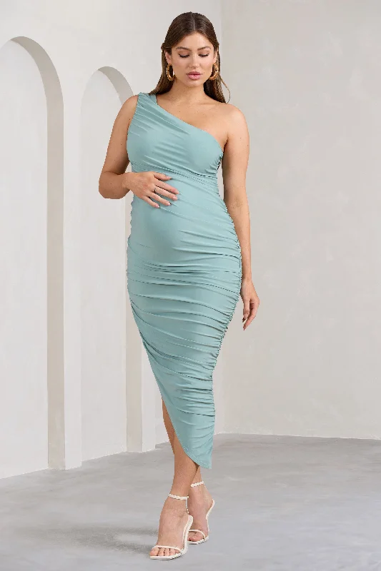 Midi Dresses for family holiday dinners-Late Night | Mint Green Maternity Ruched One Shoulder Midi Dress