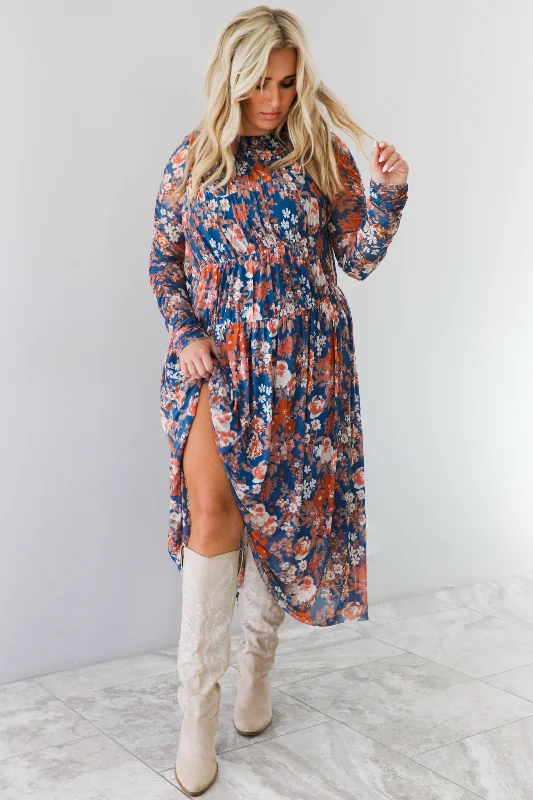 Midi Dresses for fall date night-Fall Stroll Midi Dress: Navy/Multi Floral