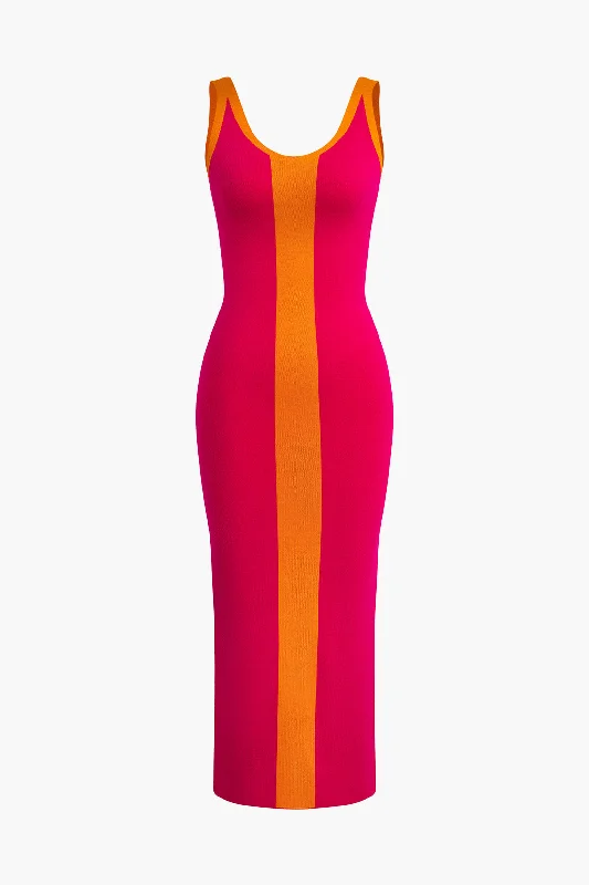 Midi Dresses for spring formal events-Contrast Knitted Slit Midi Dress