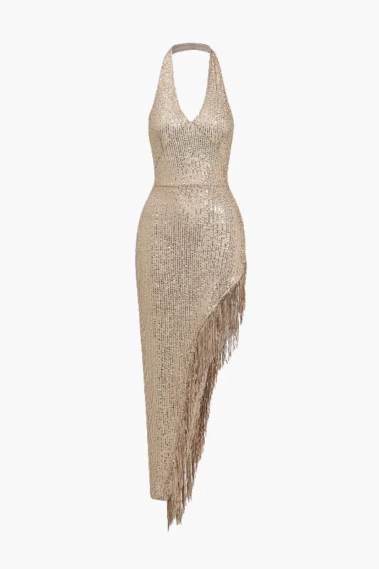 Midi Dresses for holiday family parties-Backless Fringe Sequin Midi Dress