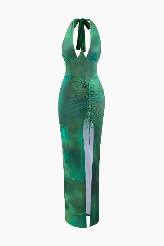 Midi Dresses for tropical weddings-Printed Halter Corset Drawstring Slit Midi Dress