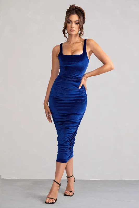 Midi Dresses for autumn wedding guests-Beauty | Royal Blue Velvet Square Neck Bodycon Midi Dress