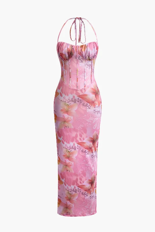 Midi Dresses for fall wedding parties-Floral Print Halter Slit Corset Midi Dress