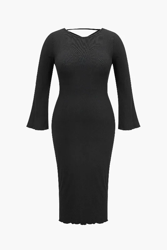 Midi Dresses for spring afternoon events-Plus Size Solid Knit Backless Tie Back Midi Dress