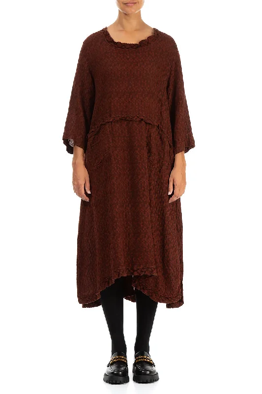 Midi Dresses for girls' night out-Textured Cinnamon Linen Midi Dress