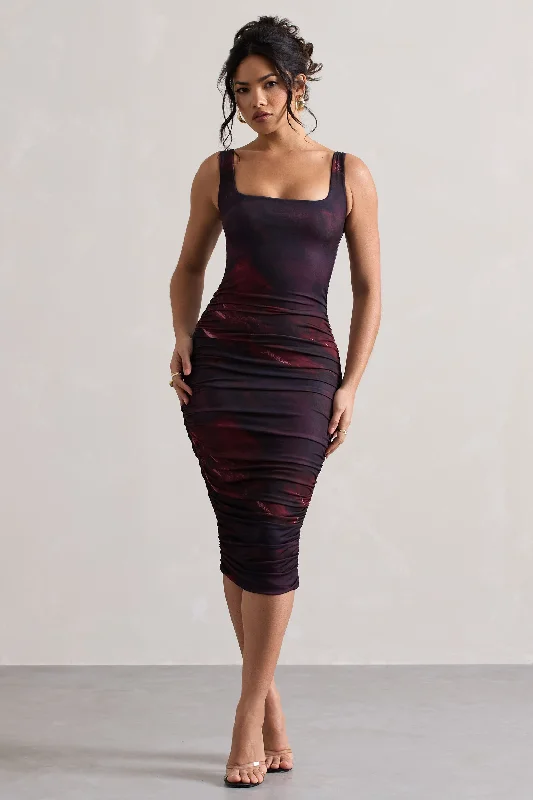 Midi Dresses for work events-Lisbon | Plum Print Square Neck Ruched Midi Dress