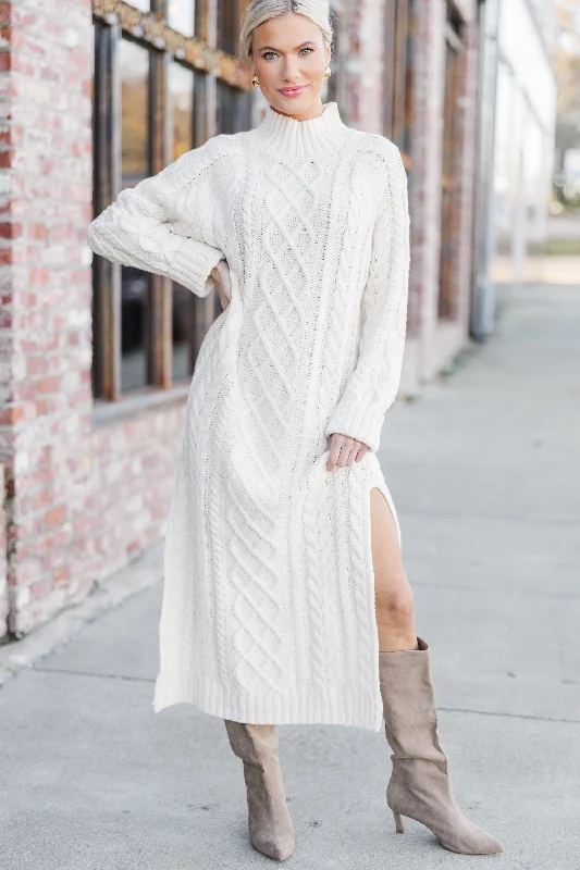 Midi Dresses for wedding dinner outfits-Let It All Go Cream Sweater Midi Dress