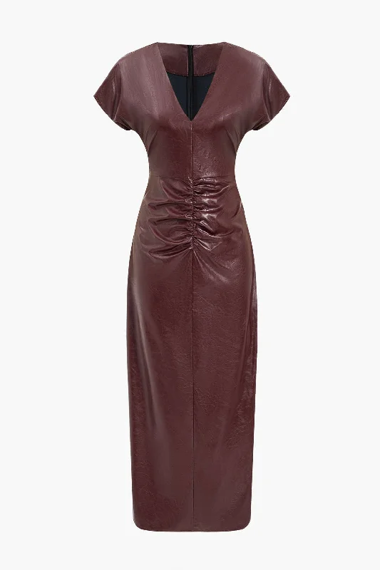 Midi Dresses for fall family photos-Faux Leather Ruched V-Neck Midi Dress