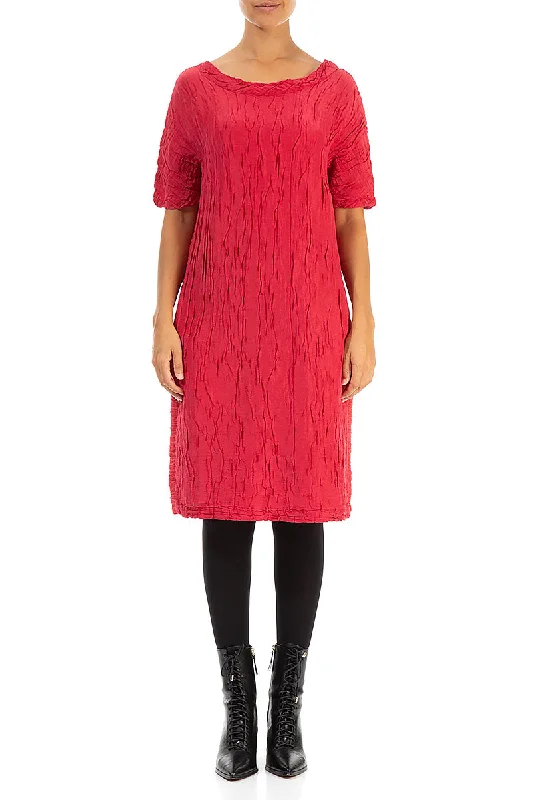 Midi Dresses for winter holidays-Crinkled Red Silk Linen Midi Dress