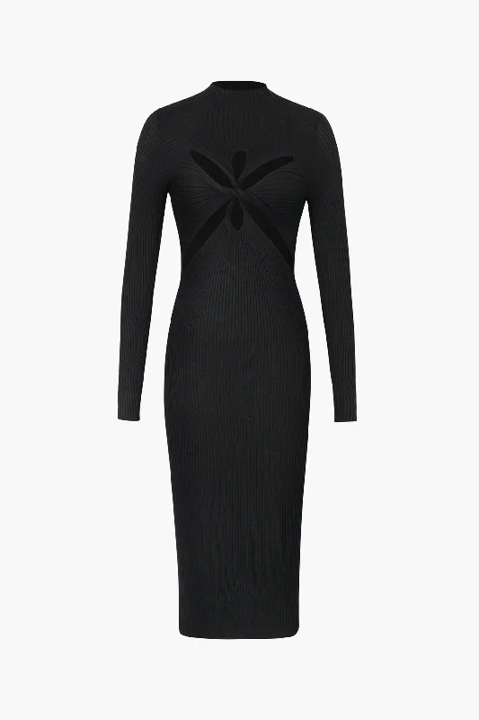 Midi Dresses for casual outdoor celebrations-Long Sleeve Cut Out Front Twist Rib Knit Midi Dress