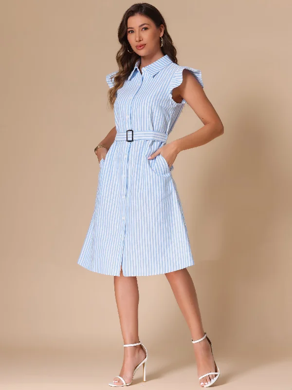 Midi Dresses for fall casual family events-Striped Collar Ruffled Sleeve Belted Midi Shirt Dress