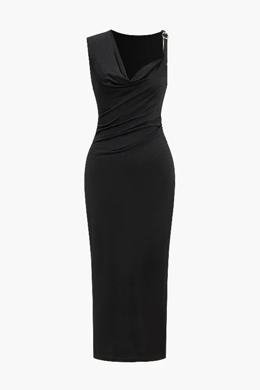 Midi Dresses for casual holiday dinners-Solid V-Neck Irregular Midi Dress