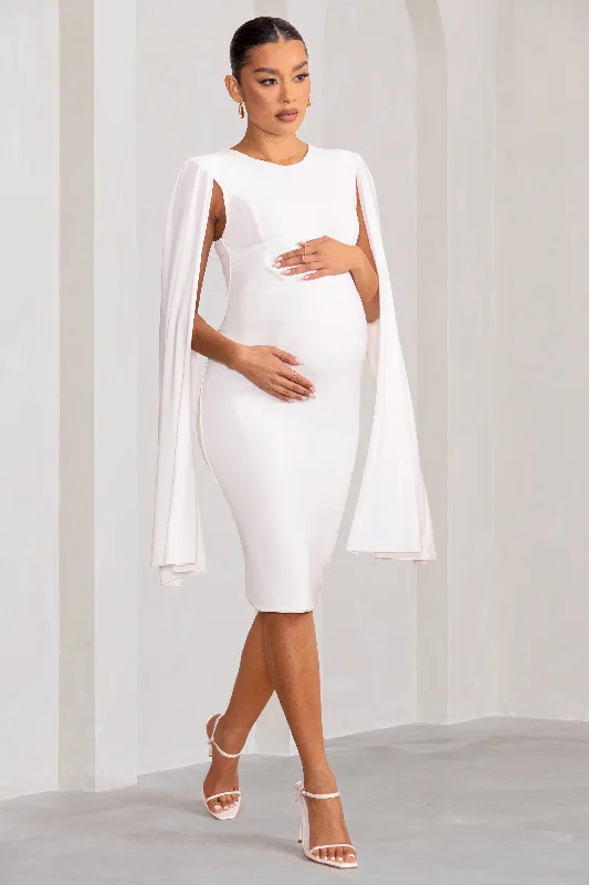 Midi Dresses for casual fall picnics-Hey Mama | White Maternity Cape Midi Dress