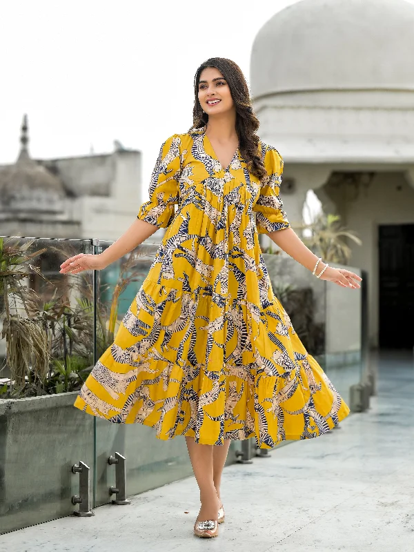 Midi Dresses for spring celebration outfits-Yellow Safari Puff Sleeves Midi Dress